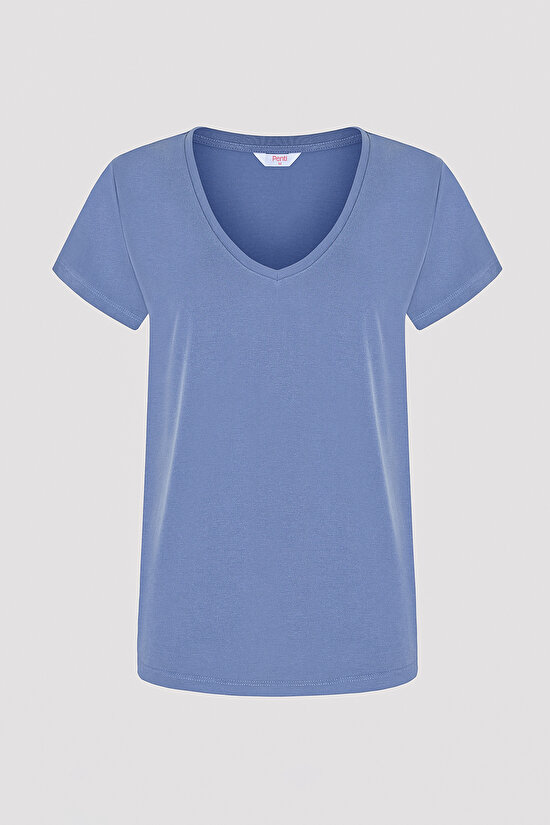 Mavi V Yaka Loose Modal Tişört - 8