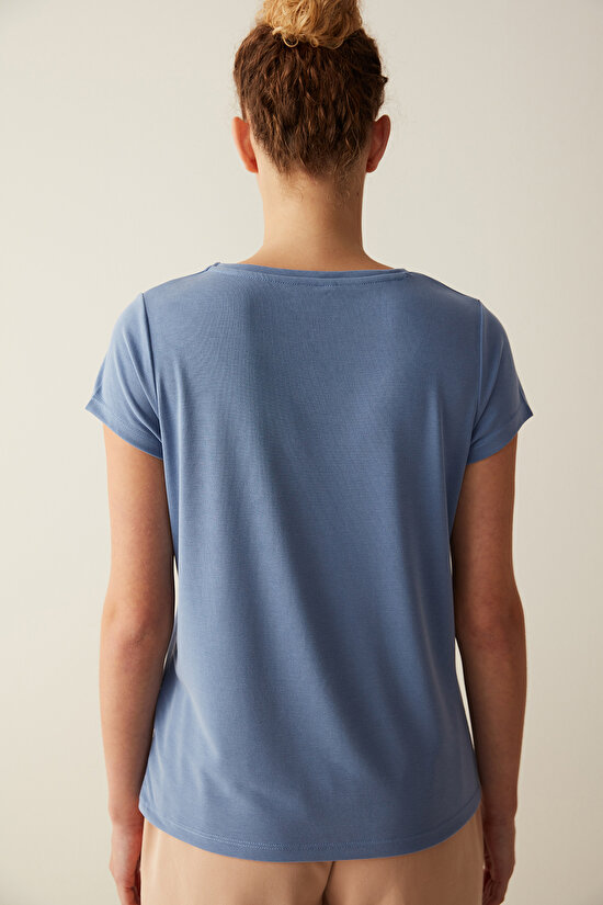 Mavi V Yaka Loose Modal Tişört - 7