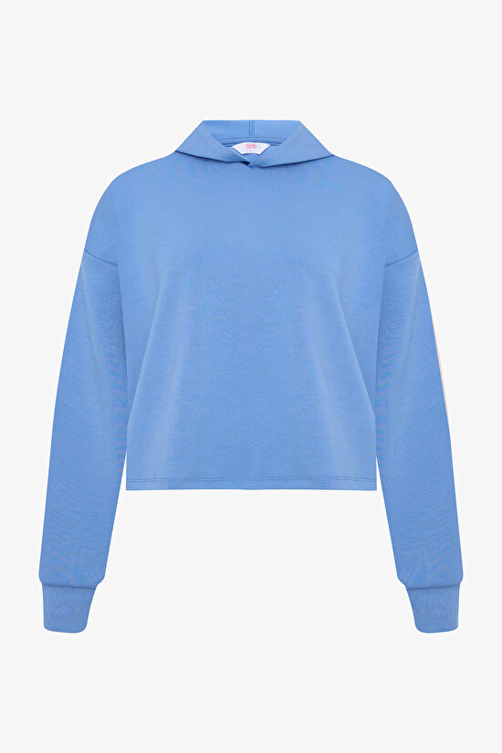 Mavi Kapüşonlu Silky Touch Sweatshirt - 5