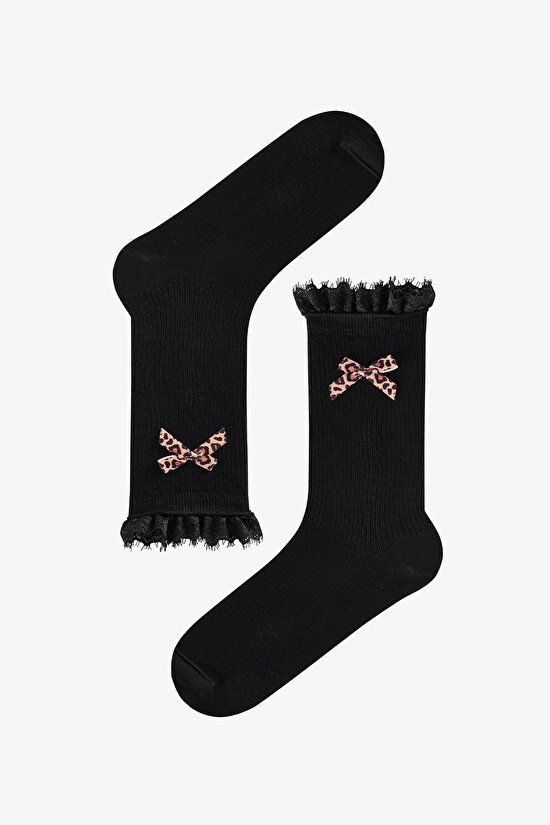 Siyah Leopar Bowtie Pamuklu Soket Çorap - 1