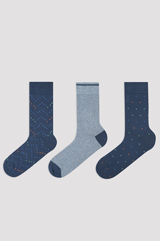 Erkek Zigzag 3lü Lacivert Soket Çorap - 1