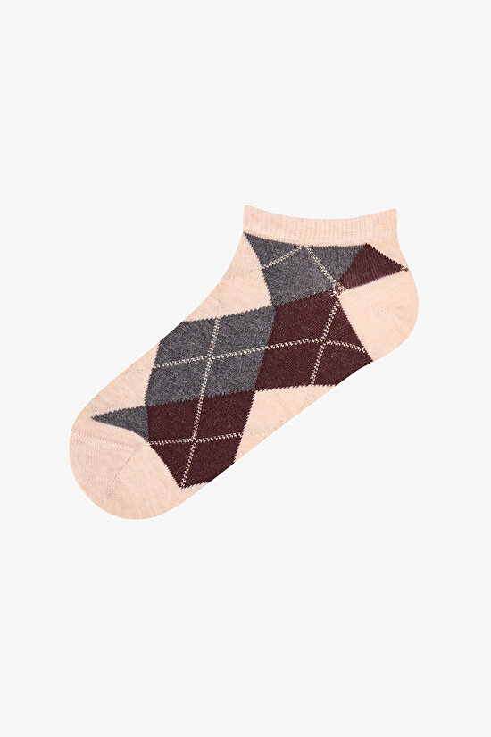 Brown Beige Shiny Checked Argyle Cotton 3 Pack Liner Socks - 3