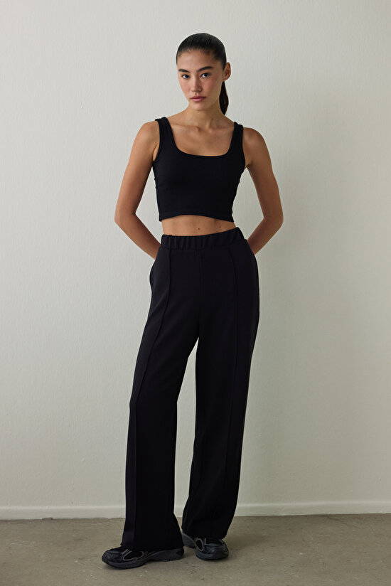Black High Waist Wide Leg Ribbed Jogger Sweatpants Black High Waist Wide Leg Ribbed Jogger Sweatpants - 4