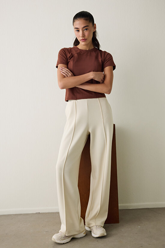 Beige Ribbed High Waist Wide Leg Joggers Beige Ribbed High Waist Wide Leg Joggers - 4