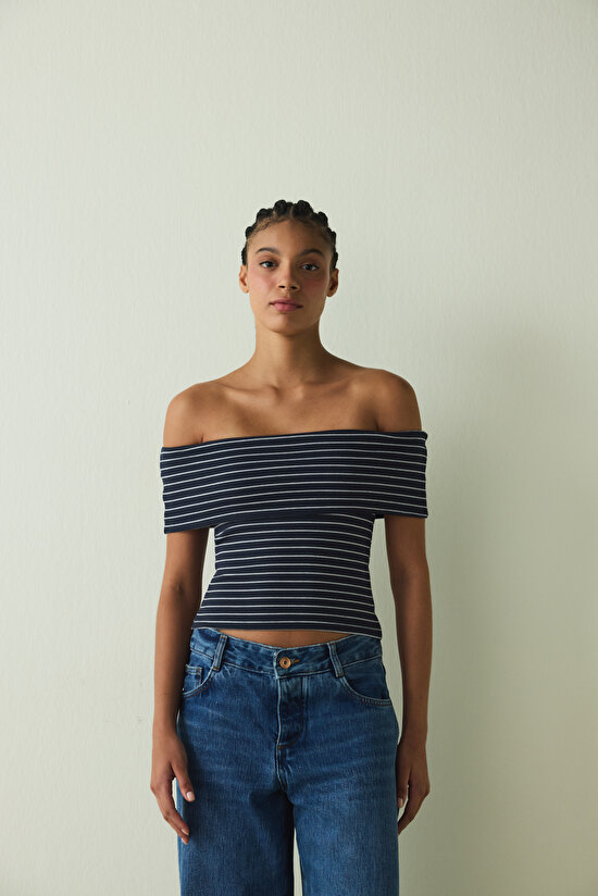 Striped Foldable Cup Madonna Collar Sleeveless Fixed Cup Slim Fit Top - 3