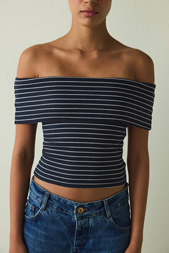 Striped Foldable Cup Madonna Collar Sleeveless Fixed Cup Slim Fit Top - 4