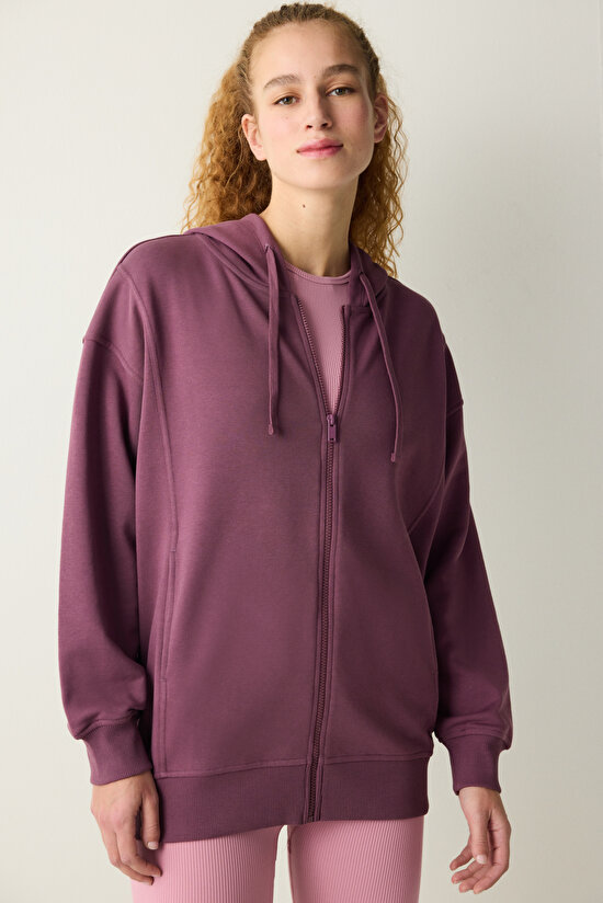 Mürdüm Oversize Kapüşonlu ve Fermuarlı Hoodie - 1