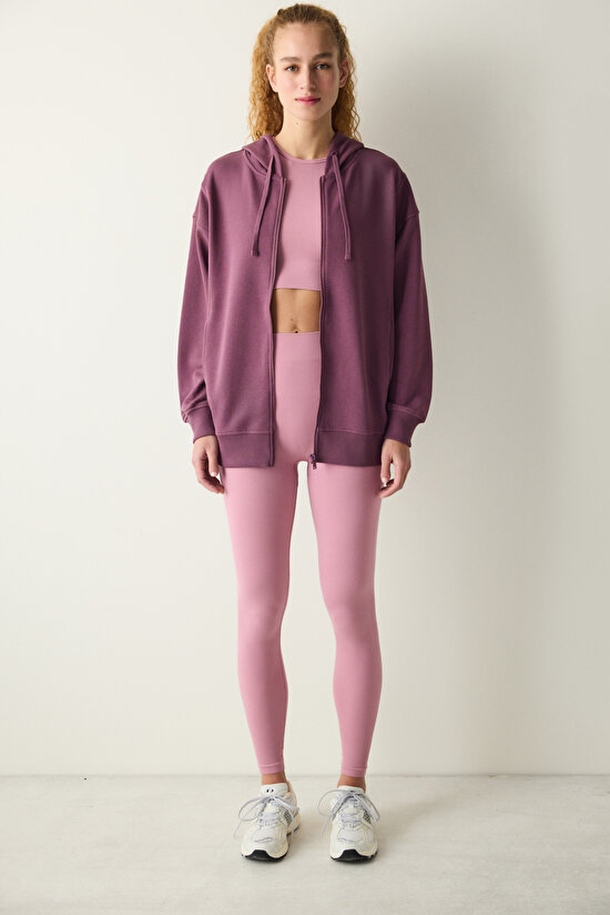 Mürdüm Oversize Kapüşonlu ve Fermuarlı Hoodie - 3