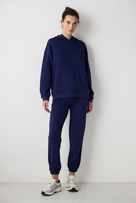 Koyu Indigo Bol Kesim Kapüşonlu Hoodie  - 3