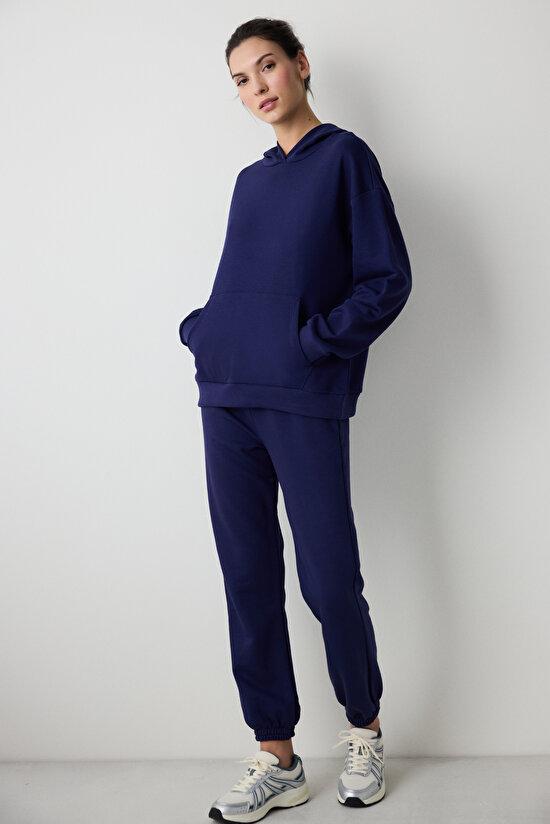 Koyu Indigo Bol Kesim Kapüşonlu Hoodie  - 4
