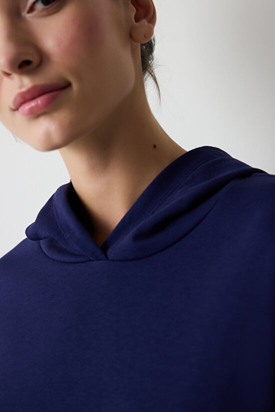 Koyu Indigo Bol Kesim Kapüşonlu Hoodie  - 6