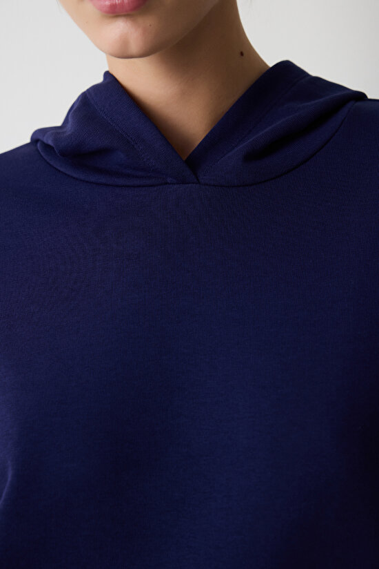 Koyu Indigo Bol Kesim Kapüşonlu Hoodie  - 7