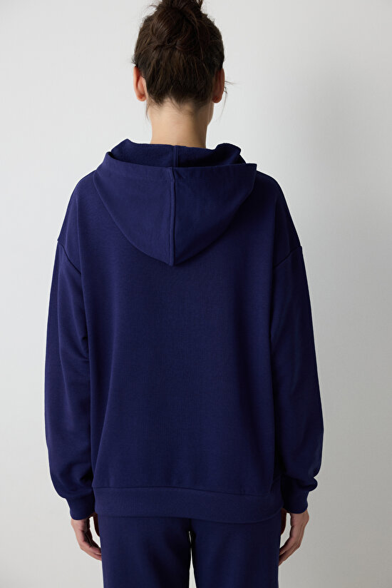 Koyu Indigo Bol Kesim Kapüşonlu Hoodie  - 8