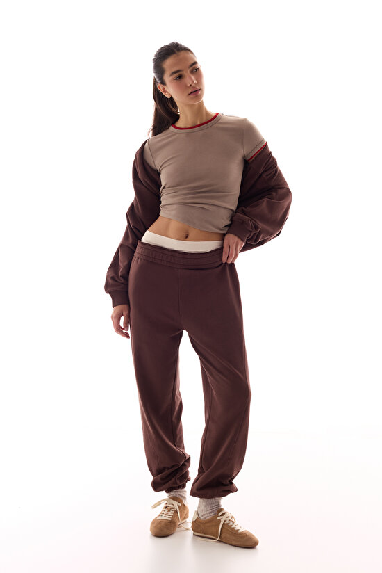 Kahverengi Curvy Stitch Jogger Pantolon - 4