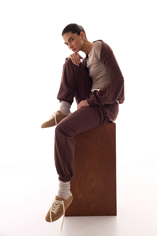 Kahverengi Curvy Stitch Jogger Pantolon - 5