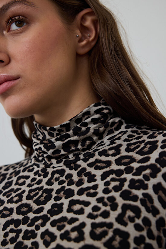 Leopard Patterned Half Turtleneck Slim Fit Long Sleeve Top - 3