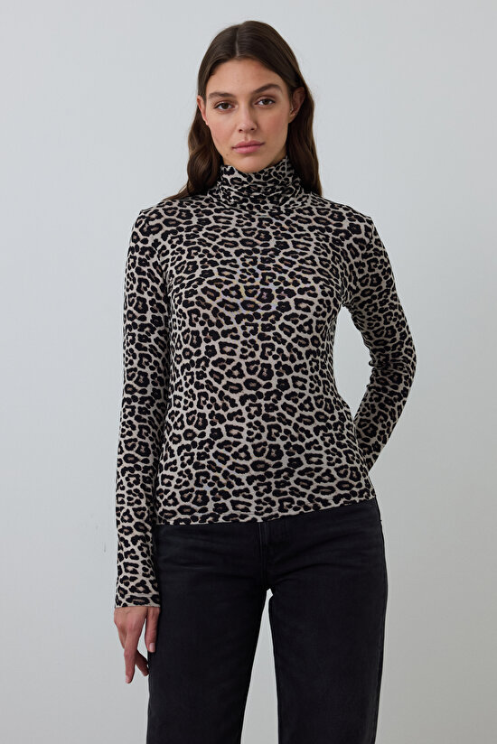 Leopard Patterned Half Turtleneck Slim Fit Long Sleeve Top - 7