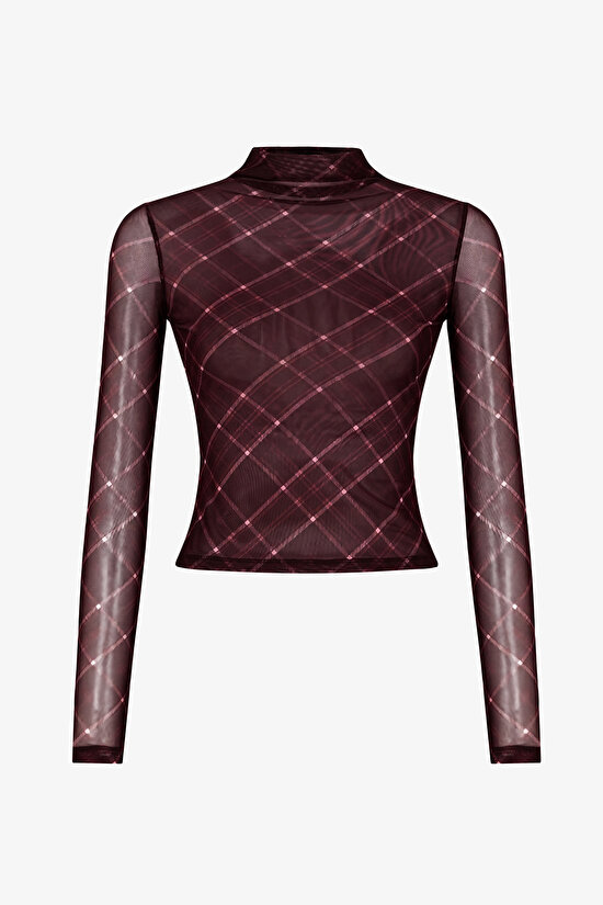 Dark Burgundy Half Turtle Neck Printed Transparent Checked Long Sleeve Blouse - 1