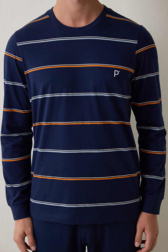 Lacivert Erkek Çizgili Jogger Pijama Takımı - 5