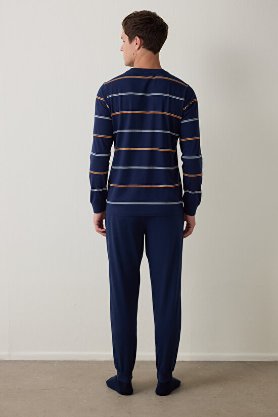 Lacivert Erkek Çizgili Jogger Pijama Takımı - 6