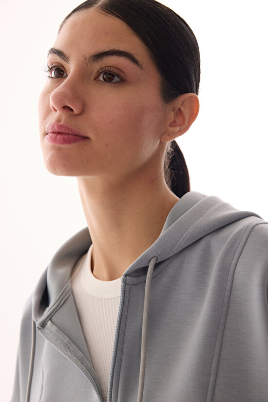 Gri Silky Feel Fermuarlı Hoodie - 4