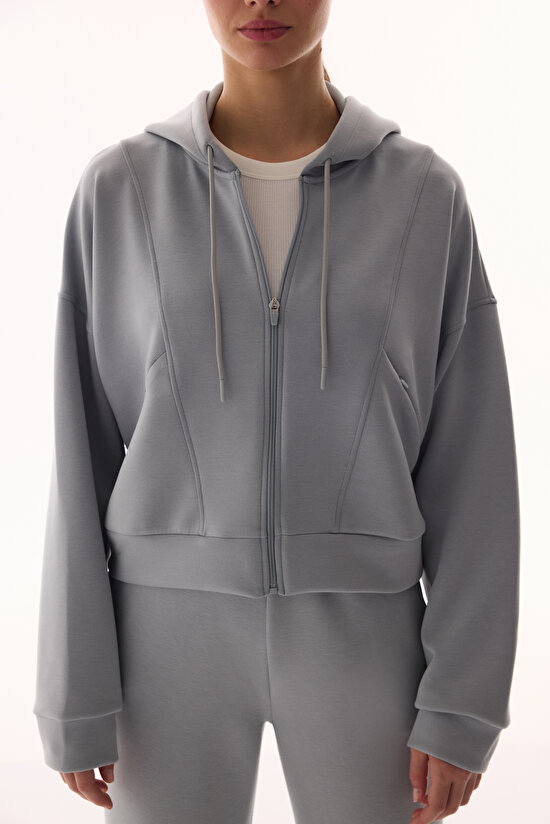 Gri Silky Feel Fermuarlı Hoodie - 6