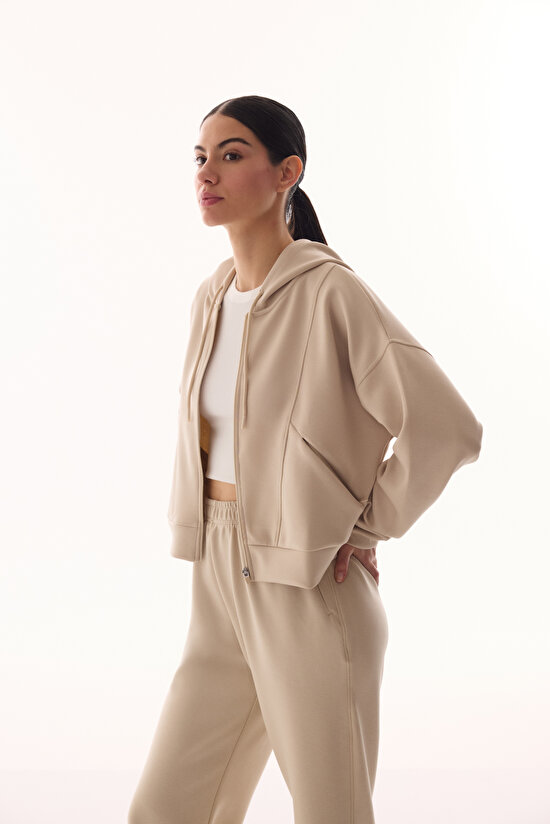 Bej Silky Feel Fermuarlı Hoodie - 3
