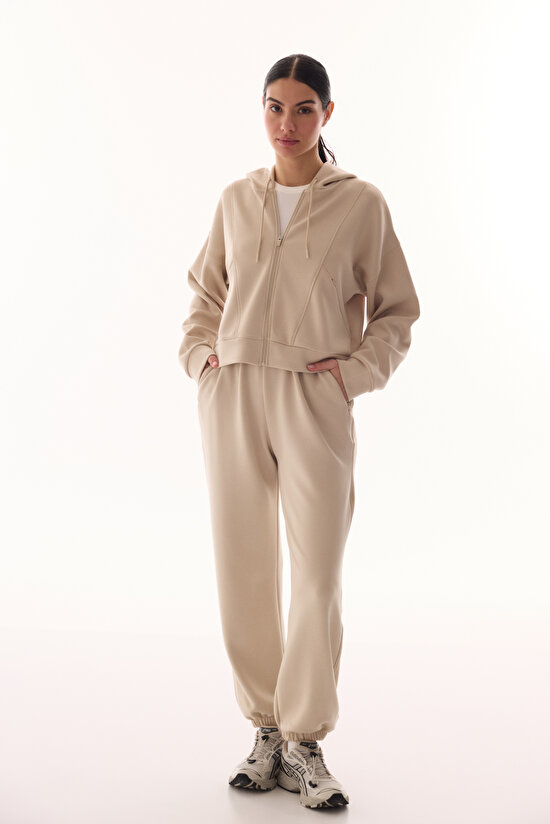 Bej Silky Feel Fermuarlı Hoodie - 5