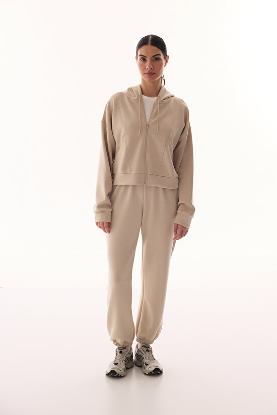 Bej Silky Feel Fermuarlı Hoodie - 6