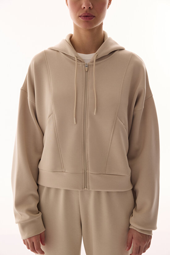 Bej Silky Feel Fermuarlı Hoodie - 7