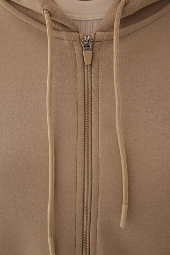 Bej Silky Feel Fermuarlı Hoodie - 8