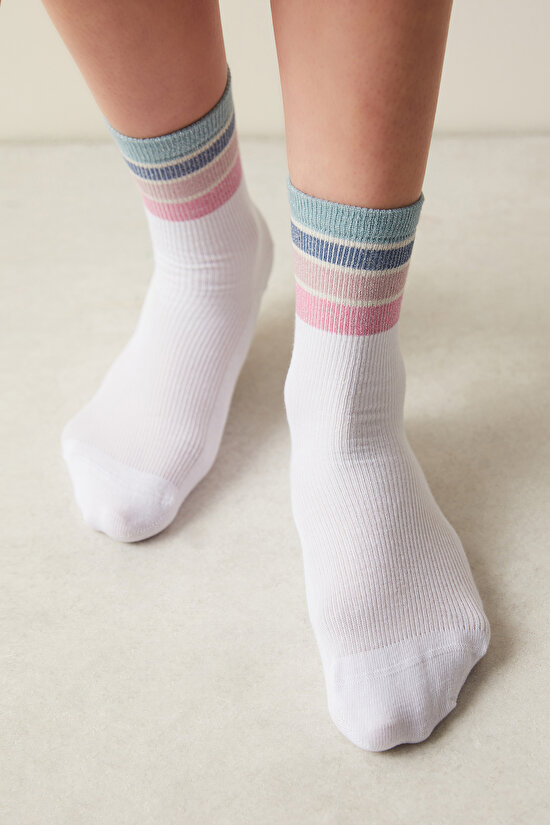 Shiny Colorful Stripe Beyaz Soket Çorap - 1