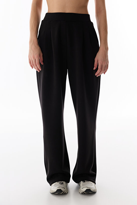 Siyah Yüksek Bel Pileli Geniş Paça Pantolon - 2