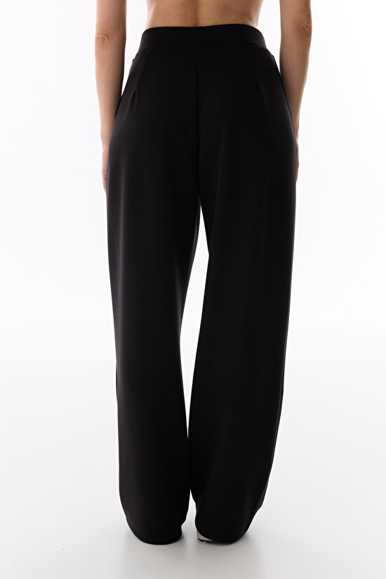 Siyah Yüksek Bel Pileli Geniş Paça Pantolon - 3