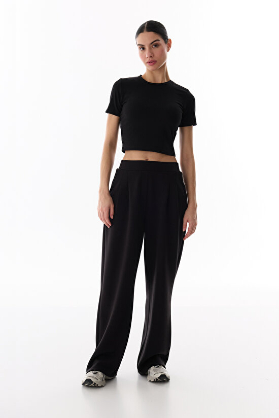 Siyah Yüksek Bel Pileli Geniş Paça Pantolon - 4