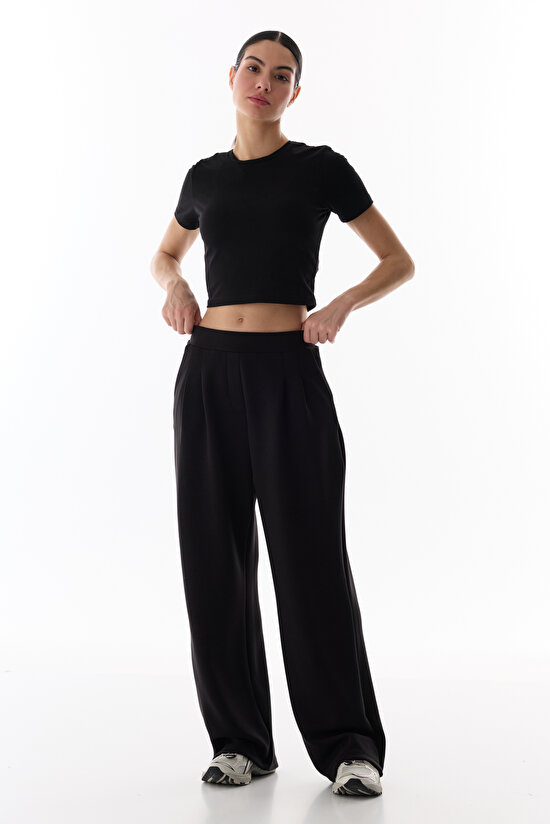 Siyah Yüksek Bel Pileli Geniş Paça Pantolon - 5