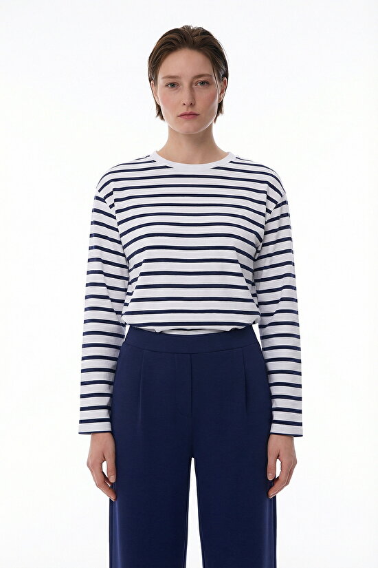 Lacivert Yüksek Bel Pileli Geniş Paça Pantolon - 4