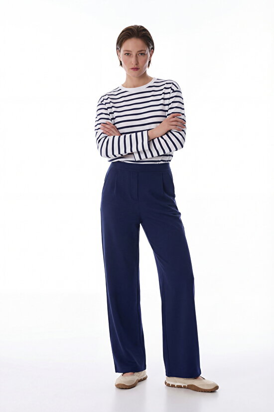 Lacivert Yüksek Bel Pileli Geniş Paça Pantolon - 5