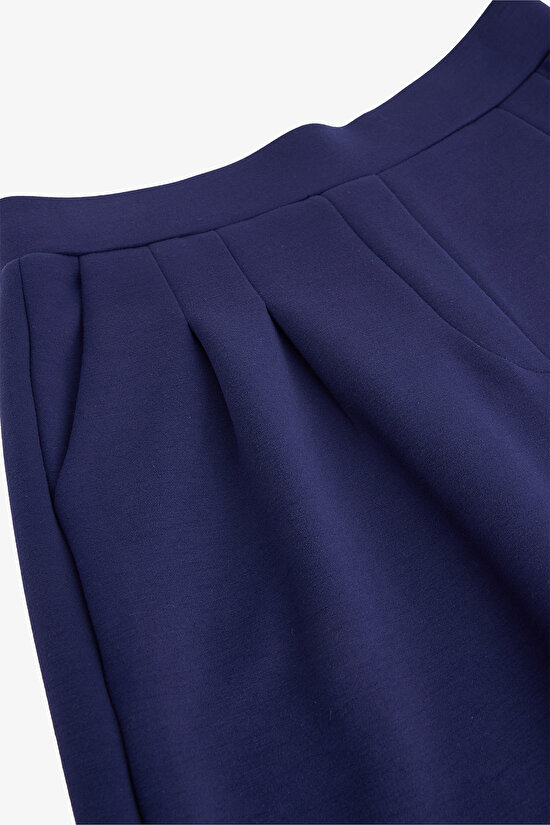 Lacivert Yüksek Bel Pileli Geniş Paça Pantolon - 7