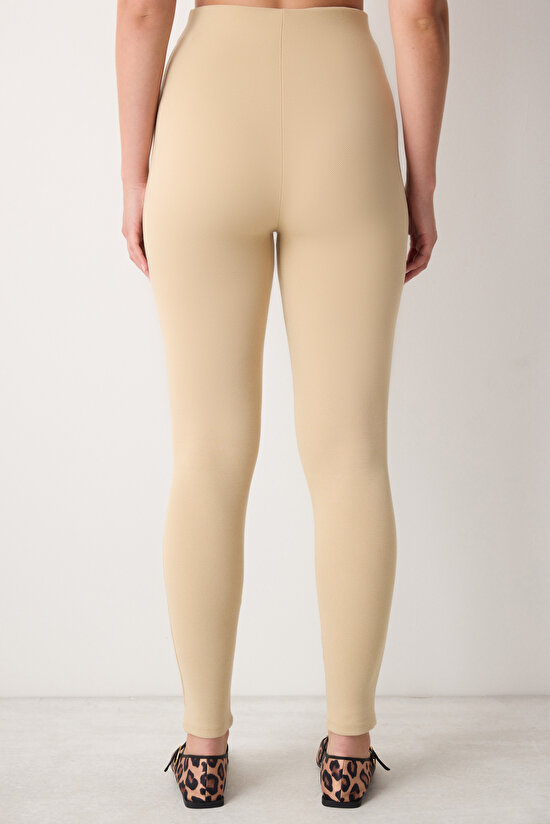 Bej Yüksek Bel Düğmeli Bilek Boy Tayt - 4