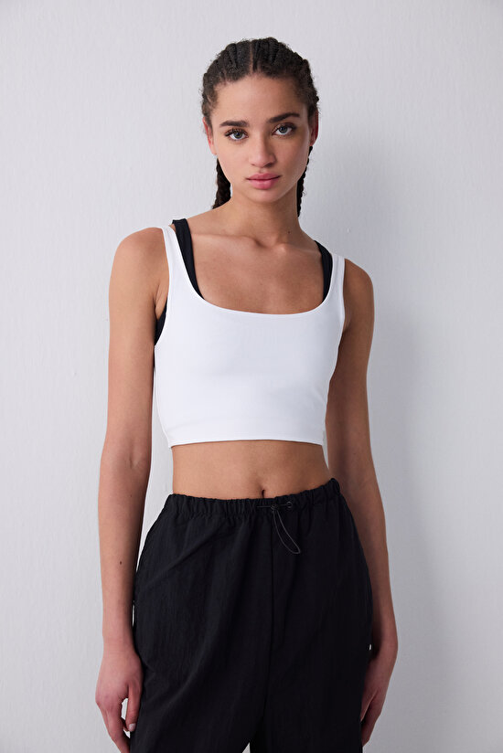 Sporty Square Neck Off White Top - 4