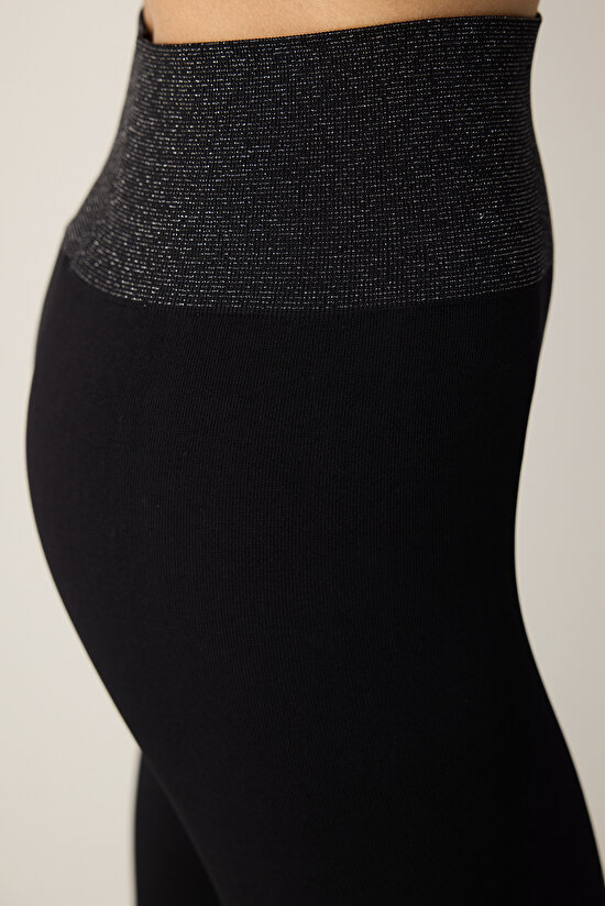 Siyah Yüksek Bel  Dikişssiz Bilek Boy Simli Tayt - 3