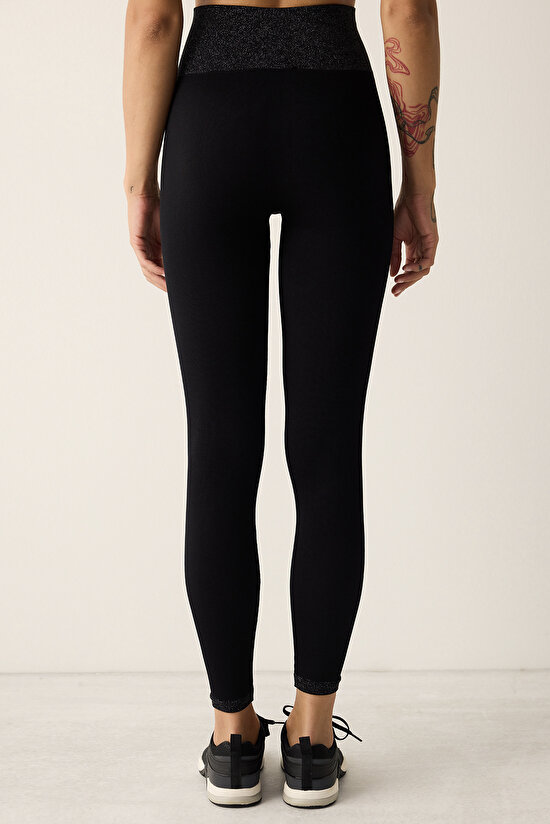 Siyah Yüksek Bel  Dikişssiz Bilek Boy Simli Tayt - 4