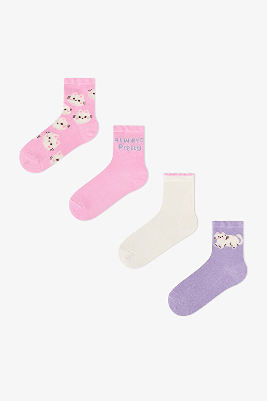 Kız Çocuk Pembe Fluffy Cat Kedi Desenli Pamuklu 4 Çift Soket Çorap - 1