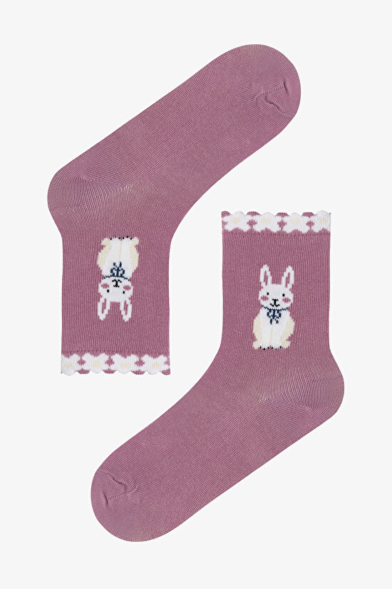 Çok Renkli Kız Çocuk Rabbit Tavşan Desenli 3'lü Soket Çorap - 3