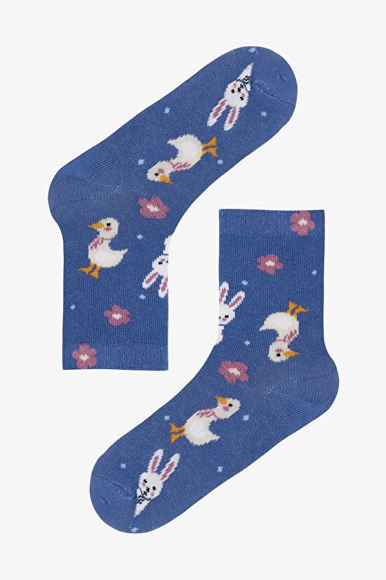 Çok Renkli Kız Çocuk Rabbit Tavşan Desenli 3'lü Soket Çorap - 4