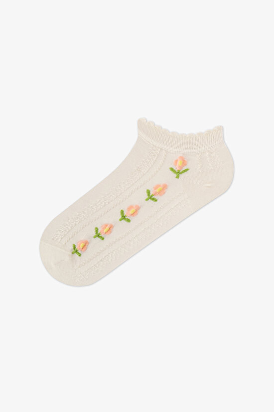 3 Çift Burun Dikişsiz Pamuklu Renkli Çiçek Kabartma Desenli Patik Çorap - 2