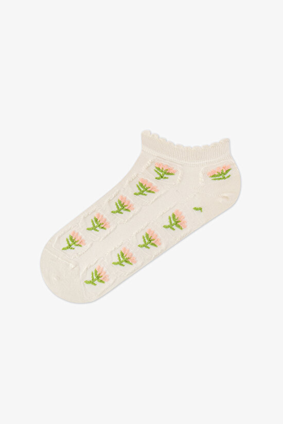 3 Çift Burun Dikişsiz Pamuklu Renkli Çiçek Kabartma Desenli Patik Çorap - 4