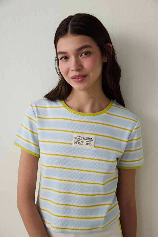 Light Blue Steppe Tulip Crew Neck Striped Crop T-Shirt - Inspired by Flora - 3