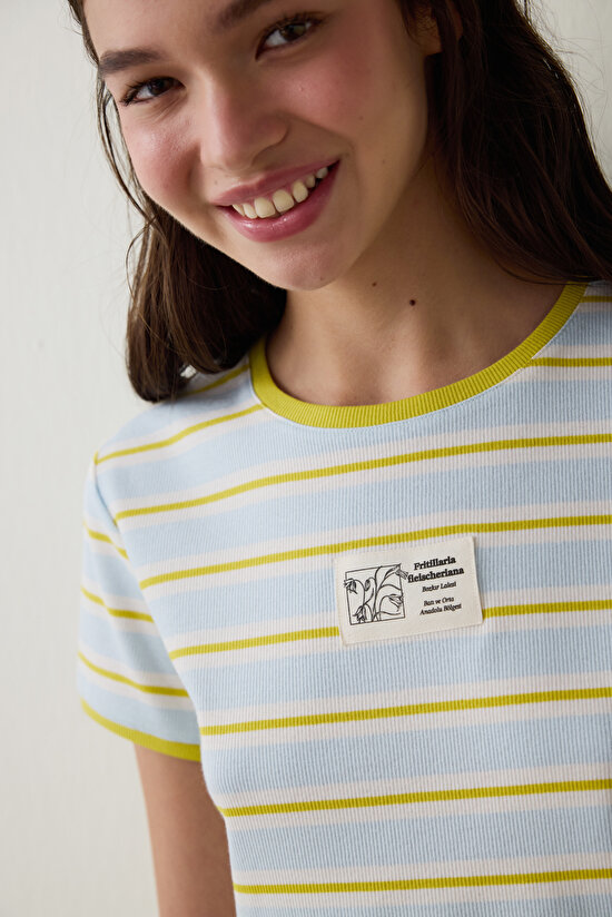 Light Blue Steppe Tulip Crew Neck Striped Crop T-Shirt - Inspired by Flora - 4